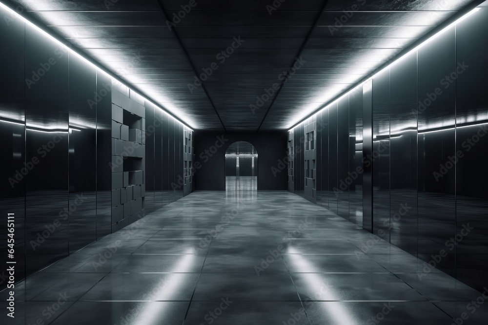 An empty hallway with mirrors and lights