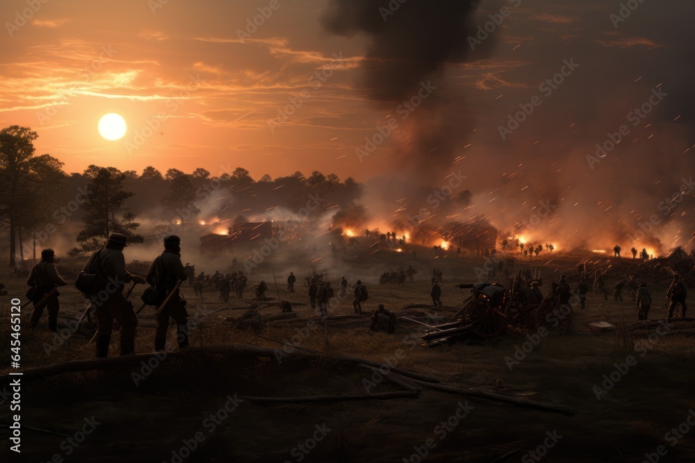 Battlefield Moment: A Panoramic Shot from a Low Vantage Point Capturing the Chaotic Clash of Union and Confederate Soldiers at Gettysburg - a Historical Canvas.

