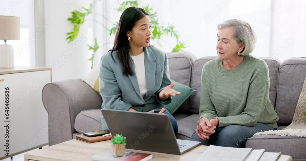 Life insurance, woman and senior with laptop and communication for finance, mortgage loan or retirement investment on sofa in home. Accounting, people and financial budget for asset management or tax Life insurance, woman and senior with laptop and communication for finance, mortgage loan or retirement investment on sofa in home. Accounting, people and financial budget for asset management or tax