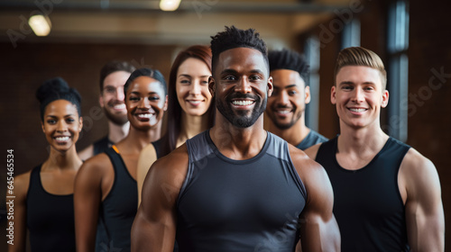 Group of athletic men and women stand together in the background of a gym © MP Studio
