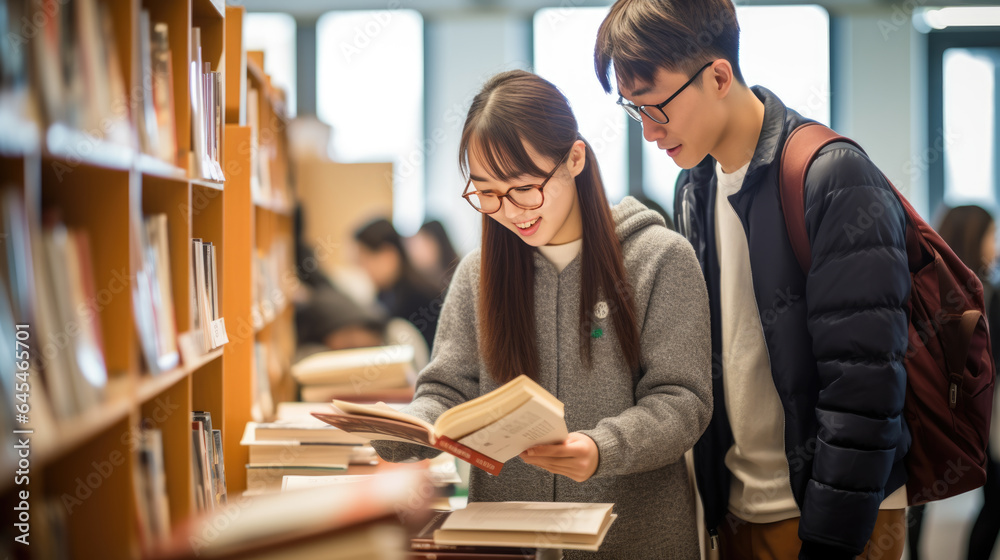 Two student friends in the library reading book