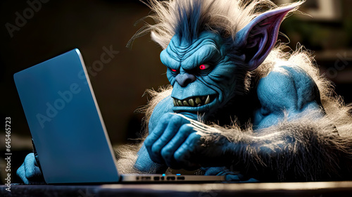 Internet troll writting a message or comment on laptop. Postproducted generative AI illustration.
