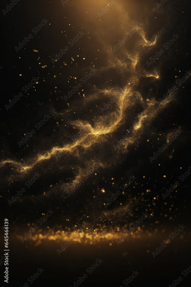 Fototapeta premium Abstract magic gold dust background over black. Beautiful golden art widescreen background