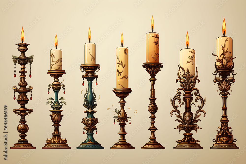antique candlestick dining table illuminate classical style illustration light brown background.