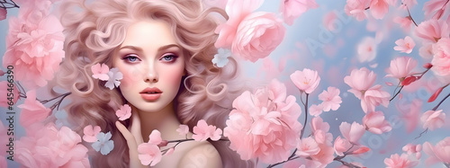 Beauty portrait of a blond girl on pink floral background © mashimara