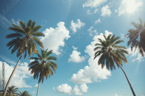 Blue sky and palm trees view from below  vintage style  tropical beach and summer background  travel concept