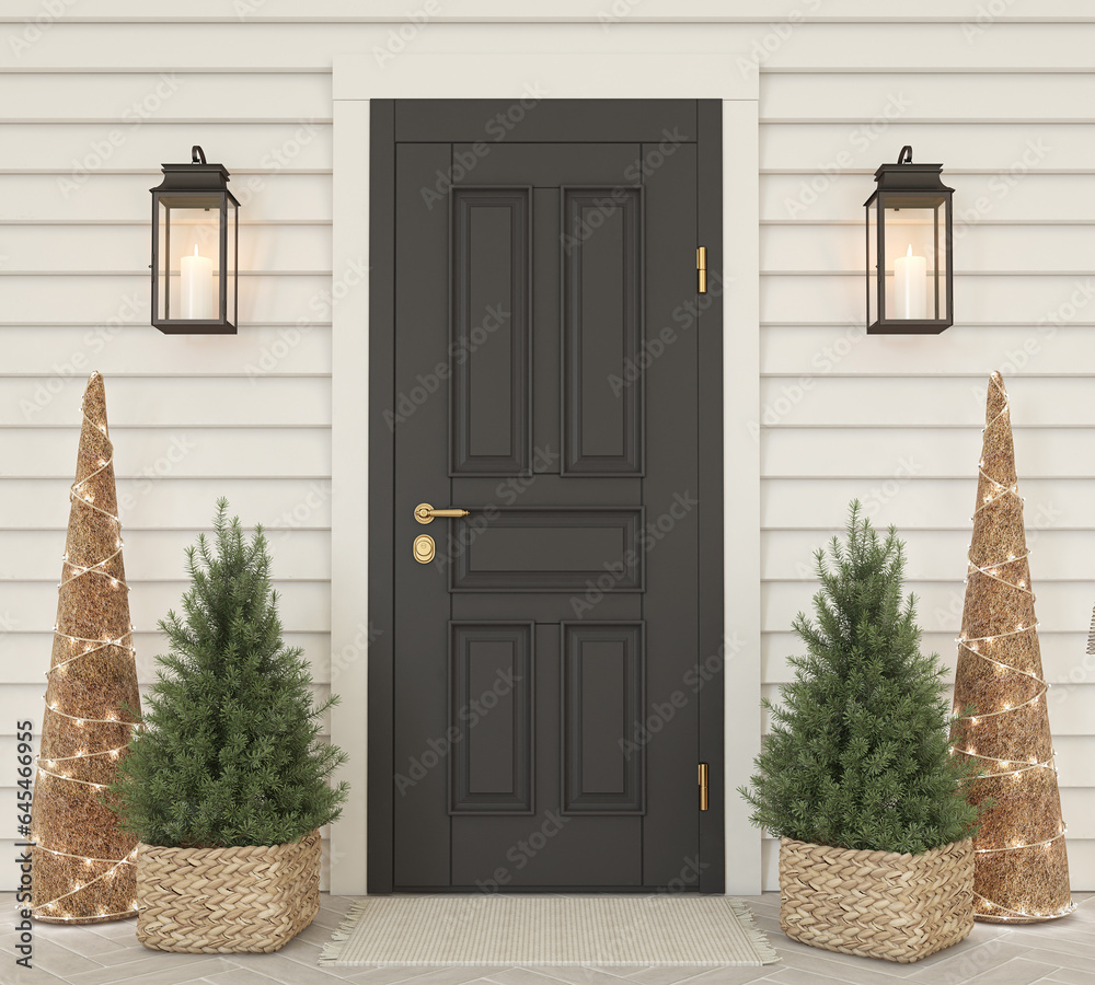Black front door with the christmas decor. 3d render. - obrazy, fototapety, plakaty 