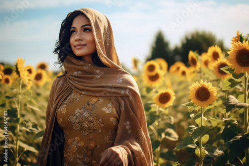A Pregnant Indian Girl in Hijab Strolls Through a Sunflower-Filled Field, Embracing the Beauty of Nature