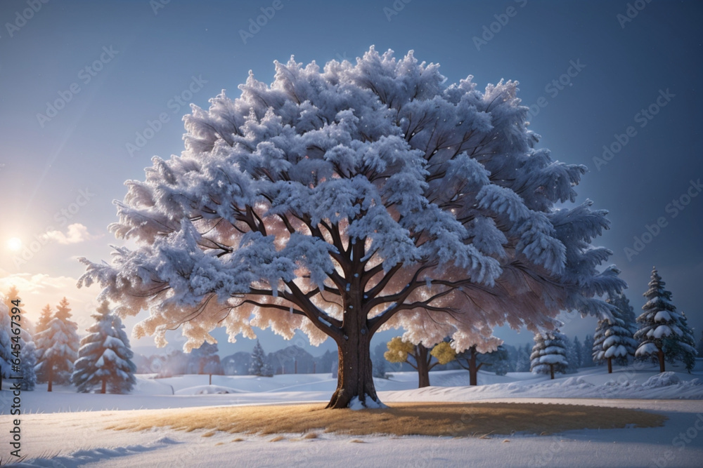 Beautiful tree in winter landscape in late evening in snowfall