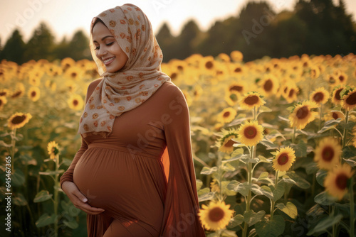 A Pregnant Indian Girl in Hijab Strolls Through a Sunflower-Filled Field  Embracing the Beauty of Nature