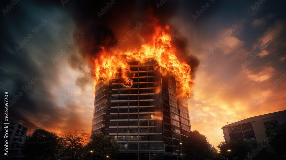 a high-rise building with flames and smoke billowing from its windows, emphasizing the importance of fire safety measures and emergency response protocols.