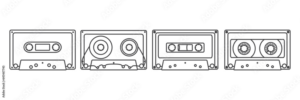 Set of Cassette tape icon in line style, isolated on white background, Retro music audio cassette, Old music nostalgia icon, Audio Cassette icon. Retro badge. Vector illustration.