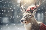 Festive Reindeer: An Adorable Scene of a Reindeer Donning a Santa Hat in a Snowy Landscape.


