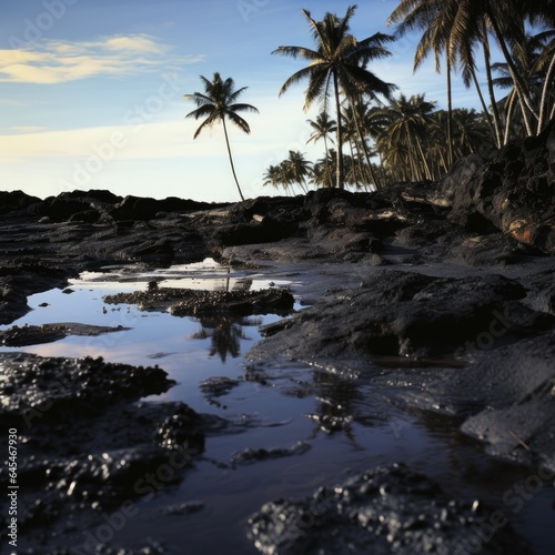A beautiful tropical landscape soaked in thick black oil. 