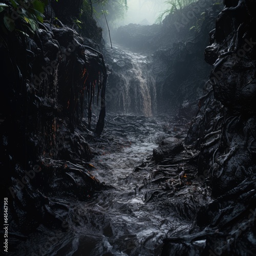 Foto A beautiful tropical landscape soaked in thick black oil.