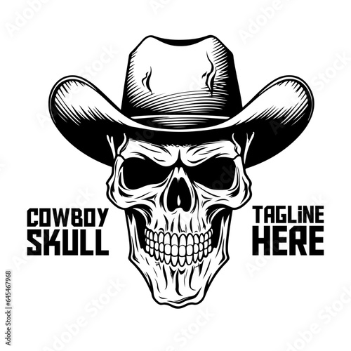 Cowboy Monochrome Skull Mascot: Western Skeleton Design for Logo, Label, Emblem, Sign, Brand Mark, Poster, T-Shirt Print. Hand-Drawn Vector Illustration - PNG, transparent background