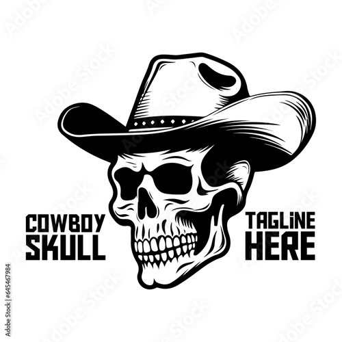 Western Monochrome Cowboy Skull Logo: Mascot Skeleton for Labels, Emblems, Signs, Brand Marks, Posters, T-Shirt Prints. Hand-Drawn Vector Art - PNG, transparent background