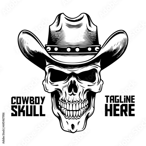 Western Monochrome Cowboy Skeleton: Skull Mascot Design for Logo, Label, Emblem, Sign, Brand Mark, Poster, T-Shirt Print. Hand-Drawn Vector Art - PNG, transparent background