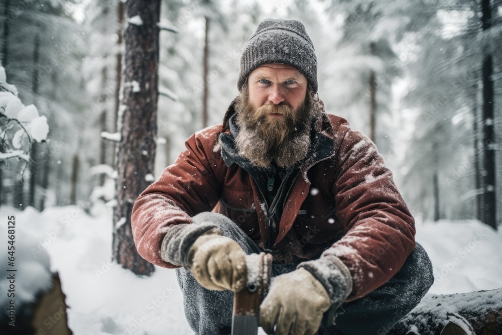 Wintertime Lumberjack: Portrait of a Scandinavian Lumberjack Working in a Snow-Covered Forest
