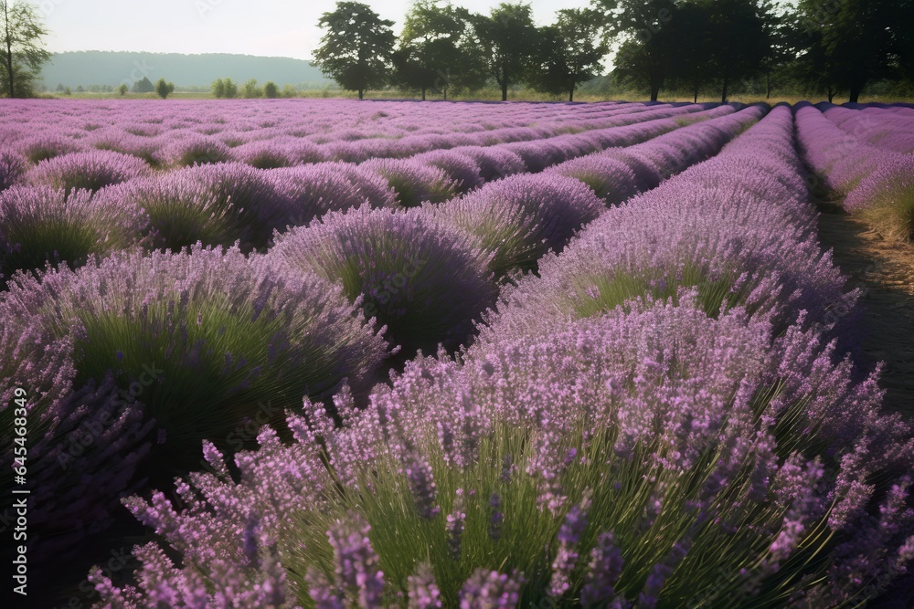 A vibrant lavender field with majestic trees in the backdrop