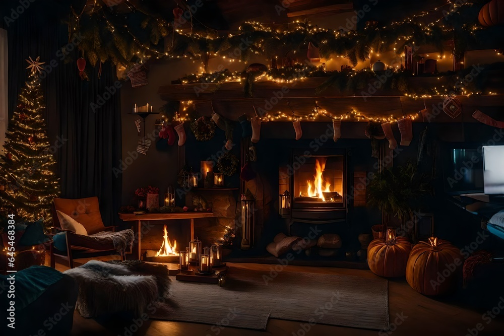 fireplace with Christmas decorations Generated Ai