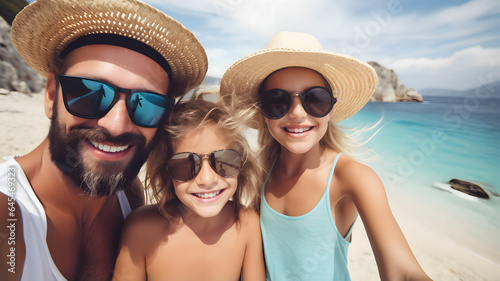 Happy family taking a selfie on the beach during the holidays, Generative AI