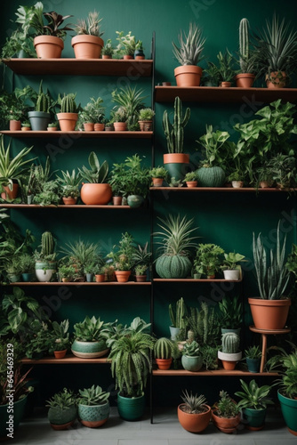 Home Garden Jungle: Stylish Composition of Beautiful Plants, Cacti, Succulents, and Air Plants in Various Design Pots, Enhanced by Green Wall Paneling. A Template for Home Gardening Enthusiasts.