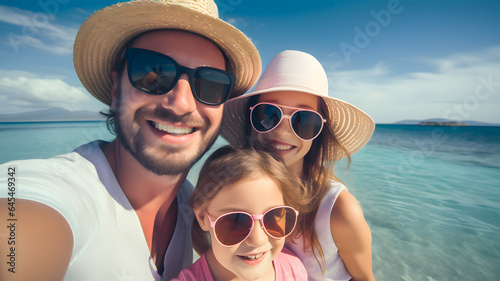 Happy family taking a selfie on the beach during the holidays, Generative AI