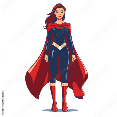 superhero style woman red cape blue spandex suit. Created using Generative AI Technology