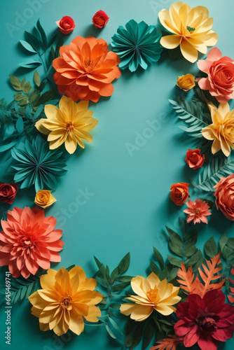 top view of colorful paper cut flowers with green leaves on blue background with copy space