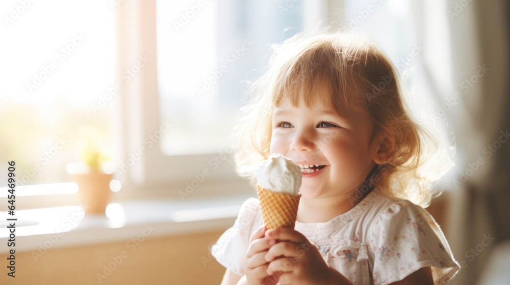 Small child eating a tasty ice cream cone. smiling and joyful. Generative AI Small child eating a tasty ice cream cone. smiling and joyful. Generative AI