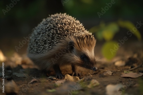 A cute hedgehog exploring the autumn leaves on the forest floor