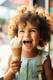 Small child eating a tasty ice cream cone. smiling and joyful. Generative AI