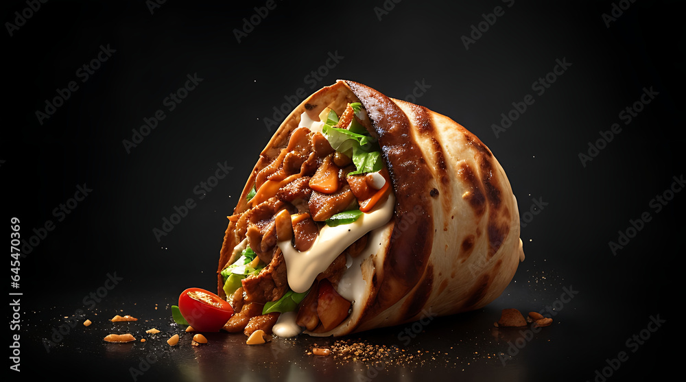 Shawarma sandwich gyro- fresh roll of thin lavash (pita bread) filled with grilled meatcheese, cabbage, carrots, sauce, green. On dark black background