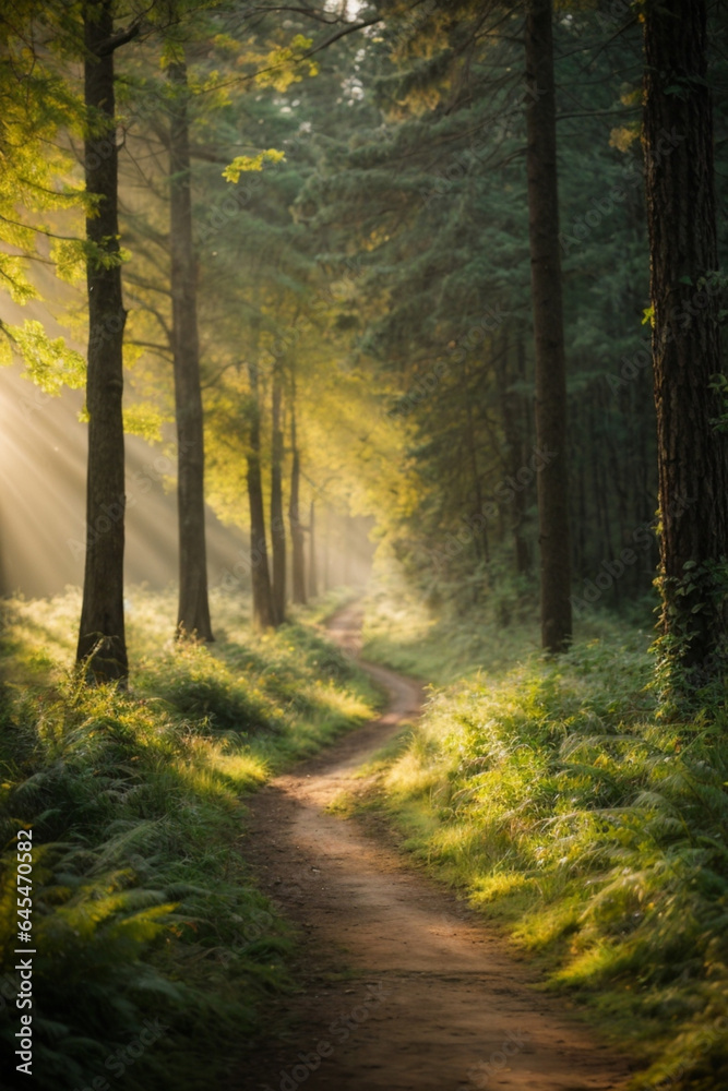 Fototapeta premium Road in dark forest, sunlight, lush greenery and grass