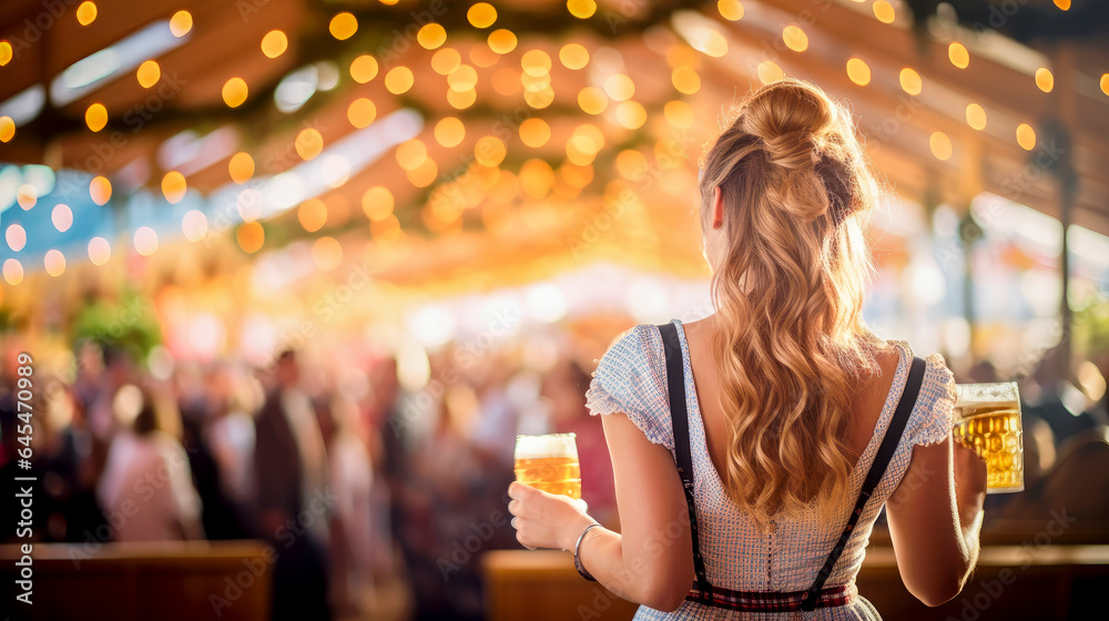 waitress serving beers inside an Oktoberfest tent in Germany with blurred background