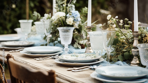 Table decor, holiday tablescape and dinner table setting in countryside garden, formal event decoration for wedding, family celebration, English country and home styling