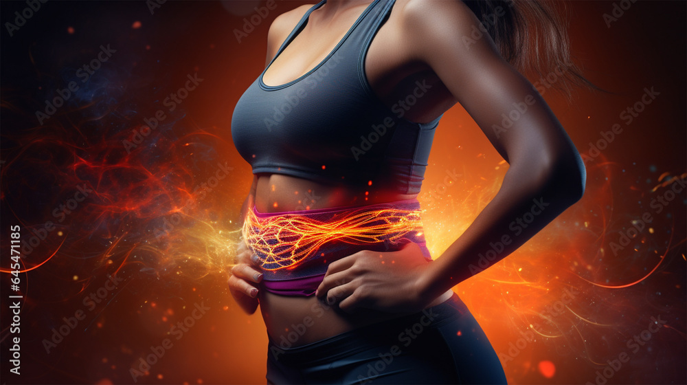 Woman waist in sports clothing with visible well defined abdominal Generative AI illustration - obrazy, fototapety, plakaty 