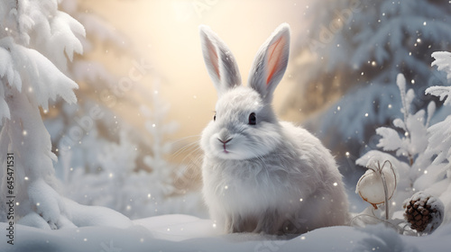  White hare on the background of a winter, snowy forest with bokeh and copy space. Wild animals in winter. Christmas card.