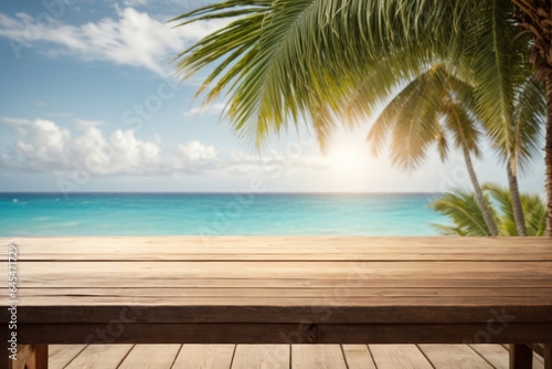 Wood Table with Seaside View  Palm Leaves  and Calm Sea Blur Bokeh - A Perfect Background for Your Product Display or Summer Vacation Concept.