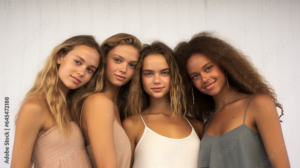 Studio portrait of happy girls on a light background. Smiling multi-ethnic cool girls, friends posing together for a group portrait. The concept of equality and friendship. Studio portrait of happy girls on a light background. Smiling multi-ethnic cool girls, friends posing together for a group portrait. The concept of equality and friendship.