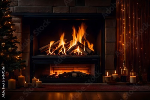 fireplace with Christmas decorations Generated Ai