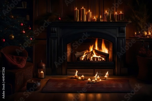 fireplace with burning candles Generated Ai © AQ Arts