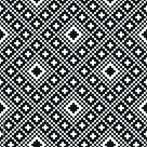 Seamless repeating pattern. Black and white retro ethnic design with rhombuses, squares, and crosses. Abstract geometric background. Decorative vector image.