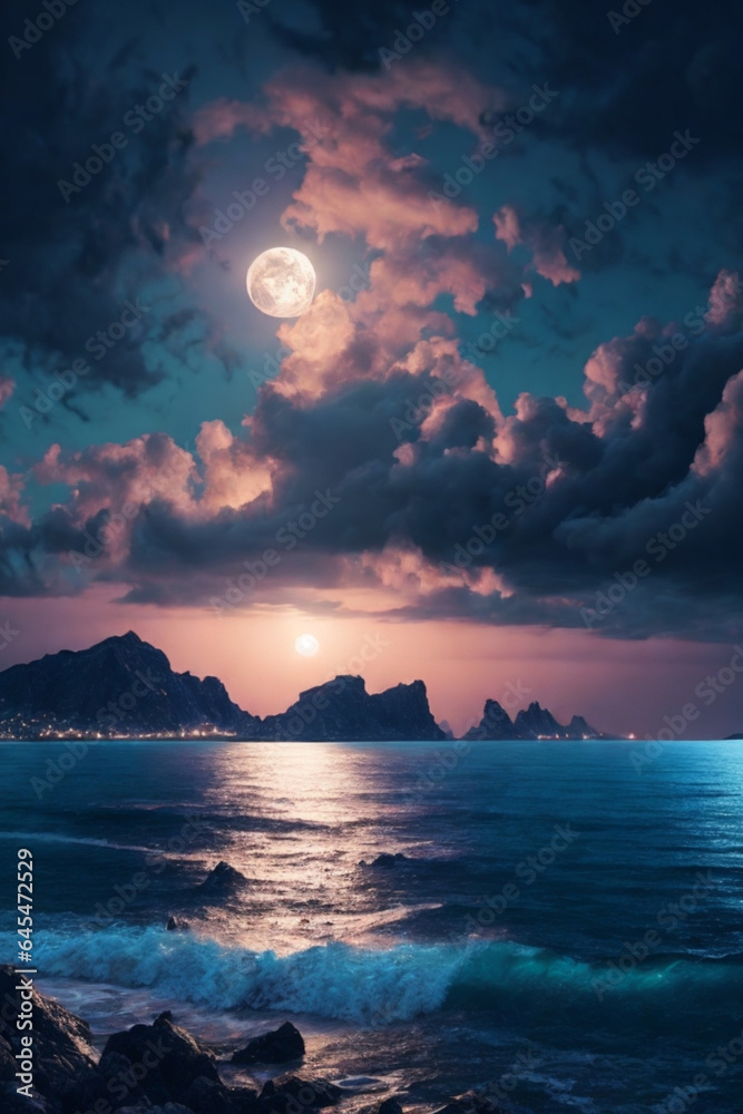 Fototapeta premium romantic and scenic panorama with full moon on sea to night