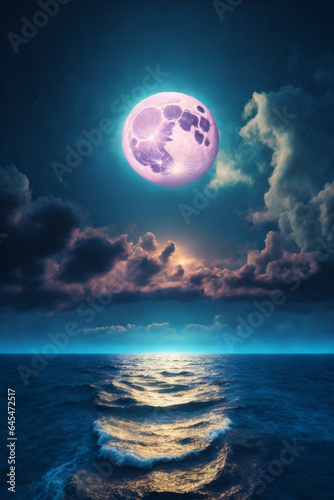 romantic and scenic panorama with full moon on sea to night