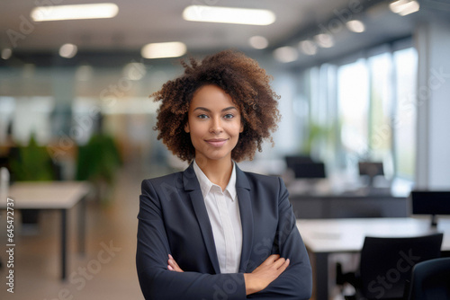 Empowering Leadership: A Close-Up Portrait of a Confident Black Woman Corporate Executive, Advocating Gender Equality, with Ample Copy Space.