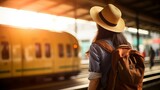 Youthful asian lady traveler with rucksack within the railroad Rucksack and cap at the prepare station with a traveler Travel concept Lady traveler traveler strolling at prepare station