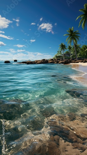 Blue ocean waves meet palm tree-lined beach in a peaceful tropical paradise. © branislavp