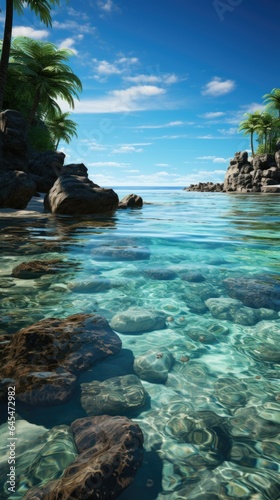 Blue ocean waves meet palm tree-lined beach in a peaceful tropical paradise.